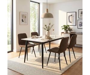 Fwstyle 5 Piece Cream Marble Effect Dining Table & Dark Brown Chairs Set