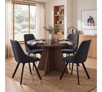 Fwstyle 5 Piece Erin Dining Set 120Cm Round Walnut Table & 4 Black Swivel Dining Chairs