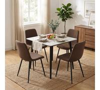 FWStyle 5PC Cream Marble Effect Square Dining Table & Dark Brown Chairs Set FWStyle Brown