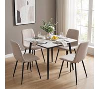 Fwstyle 5Pc Cream Marble Effect Square Dining Table & Light Brown Chairs Set