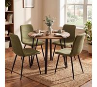 Fwstyle 90Cm Round Oak Dining Table Set With 4 Green Linen Dining Chairs In Brown Brown