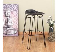 Fwstyle Bar Stool Chair Handmade Genuine Black Leather Metal Frame Ready Assembled