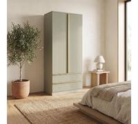 Fwstyle Fluted 2 Door Wardrobe With 2 Drawers Bedroom Storage Green W/ Gold Handles Green