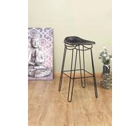Fwstyle Genuine Black Leather Artisan Bar Stool Rustic Handmade Design Black