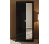 Fwstyle High Gloss 2 Door Mirrored Double Wardrobe In Black