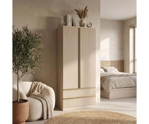 Fwstyle Lania Beige 2 Door Wardrobe With 2 Drawers Scalloped Design Bedroom Storage