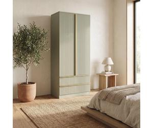 Fwstyle Lania Green 2 Door Wardrobe With 2 Drawers Scalloped Design Bedroom Storage
