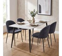 FWStyle Monaco 5 Piece White Sintered Stone Dining Set Blue Linen Chairs FWStyle White