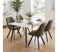Fwstyle Monaco 5 Piece White Sintered Stone Dining Set Green Chenille Chairs White