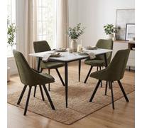 Fwstyle Monaco White Sintered Stone 5 Piece Dining Table Set With 4 Green Chenille Swivel Chairs