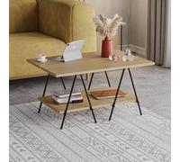 FWStyle Natural Oak Coffee Table Black Metal Frame 2 Tier Scratch Resistant