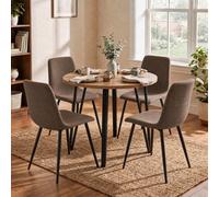 Fwstyle Poppy 90Cm Round Oak Dining Table Set With 4 Dark Brown Linen Dining Chairs