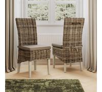 FWSTYLE Set Of 2 Ready Assembled Solid Pine Rattan Dining Chairs Limewash Finish