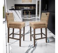 FWSTYLE Set Of 2 Solid Pine Bar Stools/chairs Rattan Detail Painted Greywash Finish