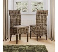 Fwstyle Set Of 2 Solid Pine Rattan Greywash Dining Chairs Ready Assembled Grey