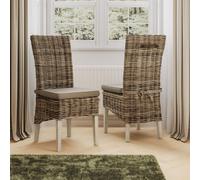 Set Of 2 Solid Pine Rattan Whitewash Dining Chairs Ready Assembled FWStyle White One Size