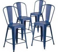 Fwstyle Set Of 4 24" Antique Blue Distressed Bar Stools Galvanised Steel