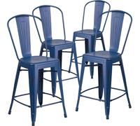Fwstyle Set Of 4 24" Antique Blue Distressed Bar Stools Galvanised Steel Blue One Size
