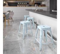 Set of 4 Pastal Blue Bar Stools 24 Inch Metal Indoor and Outdoor Counter High Stools