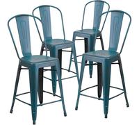 4pc Bar Stools Distressed Metal Indoor and Outdoor Counter High Stool Kelly Blue