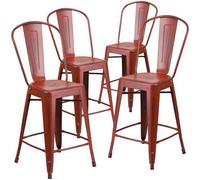 Fwstyle Set Of 4 24" Red Distressed Bar Stools Galvanised Steel