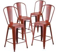 Fwstyle Set Of 4 24" Red Distressed Bar Stools Galvanised Steel Red One Size