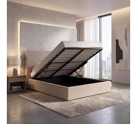 Fwstyle Small Double Ottoman Bedframe Beige Padded Tall Headboard Front Lift Beige