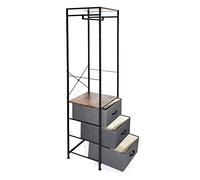 FWStyle Tall Hallway Storage Rack with 3 Grey Linen Drawers, Black Metal Shoe Rack and Coat Rail Stand, Industrial Entryway Furniture Organiser with Shelves, H175 x W42.5 x D38cm