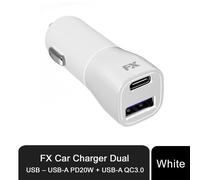 FX Car Fast Charger Dual USB - USB-A PD20W + USB-A QC3.0, White