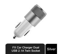 FX Powabud Car Charger 2.1A Twin USB Socket Universal Charger, Silver