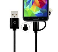 Fx Powabud Nylon Braided Usb Cable With 2 In 1 Dual Lightning Connector Cord, Black