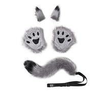 Fxaelian Anime Comic Animal 5 PCS Pack Fox Cat Dog Wolf Paws Tail with Ears Hair Clips Set Faux Fur Holloween Cosplay Party Costume Accessories F Grey Black