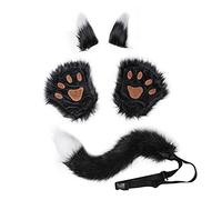 Fxaelian Anime Comic Animal Fox Cat Dog Bear Wolf Costume Paws Tail Ears Hair Clips 5 PCS Pack Set Faux Fur Halloween Cosplay Party Accessories F Black White