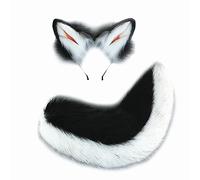 Fxaelian Cosplay Animal Comic Black With White Fox Cat Squirrel Wolf Shiba Inu Dog Tail and Ears Headband Hairband Set Halloween Cosplay Party Costume Accessories