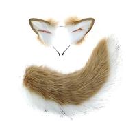 Fxaelian Cosplay Animal Comic Light Brown With White Fox Cat Squirrel Wolf Shiba Inu Dog Tail and Ears Headband Hairband Set Halloween Cosplay Party Costume Accessories