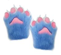 Fxaelian Cute Fluffy Cosplay Animal Cat Wolf Dog Fox Bear Bunny Paws Claws Gloves Mittens Halloween Christmas Cosplay Party Costume Accessories C Blue with Black Pads