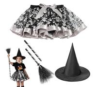 FxaumsGxuk Witch Costume for Girls | Little Girl Cosplay Witch Costume 3-Piece Set - Outfit Accessories with Hat Broom Skirt for Birthday Masquerade Carnival Photography Role Play Cosplay Party
