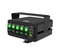 FXC 5 Gang Aluminum Rocker Switch Panel Green Backlit with PD Type C and QC 3.0 USB Charger Voltmeter Waterproof 12V 24V DC Rocker Switch Box for Car Trucks Boats RVs