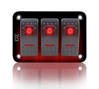 FXC Rocker Switch Aluminum Panel 3 Gang Toggle Switches Dash 5 Pin ON/Off 2 LED Backlit for Boat Car Marine Red