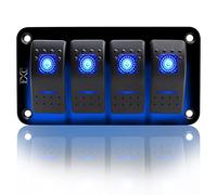 FXC Rocker Switch Aluminum Panel 4 Gang Toggle Switches Dash 5 Pin ON/Off 2 LED Backlit for Boat Car Marine Blue