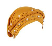 Fxhixiy Women Hijab Beading Pearl Braid Turban Hat Head Scarf Cancer Chemo Beanies Bandana Headwrap Cap, Yellow, One Size