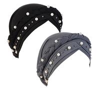 Fxhixiy Women Hijab Beading Pearl Braid Turban Hat Head Scarf Cancer Chemo Beanies Bandana Headwrap Cap, Black/Gray, One Size