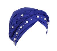 Fxhixiy Women Hijab Beading Pearl Braid Turban Hat Head Scarf Cancer Chemo Beanies Bandana Headwrap Cap, Blue, One Size