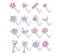 Fxiqini 16Pcs Nose Rings L Shaped Nose Studs Stainless Steel Pink CZ Butterfly Flower Leaf Planet Triangle Heart Moon Star Dangle Body Piercing Jewelry for Women Men 20G Gold Silver tone, Stainless