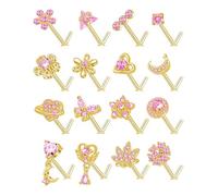 Fxiqini 16Pcs Nose Rings L Shaped Nose Studs Stainless Steel Pink CZ Butterfly Flower Leaf Planet Triangle Heart Moon Star Dangle Body Piercing Jewelry for Women Men 20G Gold Silver tone, Stainless