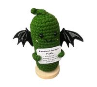 Fxkoolr Handmade Emotional Support Pickle Cucumber Gifts with Devil Bat Wings Wooden Base - Cute Funny Reduce Pressure Pickle Mini Motivational Comfort Stuff Gifts for Halloween Home Decor