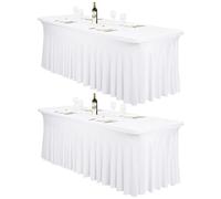 FXKS 2 Pack 8Ft White Spandex Table Skirts, Stretch Tablecloth with Skirt Easy to Install Wrinkle Resistant Fitted Stretchable Table Skirt for Wedding Party Banquet Trade Show