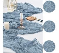 FXKS 3 Pack Dusty Blue Cheesecloth Table Runners, 35x120 Inch | Boho Gauze Table Runners with Soft Wrinkled Texture Wedding Table Runners for Baby Showers Birthday and Bridal Showers