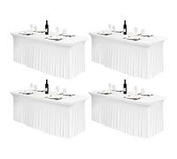 FXKS 4 Pack White Spandex Table Skirt for 6 Ft Rectangular Tables | Fitted Table Cover, Stretch Tablecloth, One-Piece Design Hides Storage for Trade Shows, Weddings and Parties