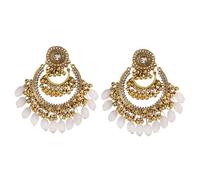 fxmimior Bohemian Golden Plated Chandelier Hollow Round Crescent Moon Statement Double Tassel Bead Dangle Drop Earrings Retro Vintage Geometry Hoop Jhumka Indian Tribal Mexico Gypsy Earrings, M, Metal